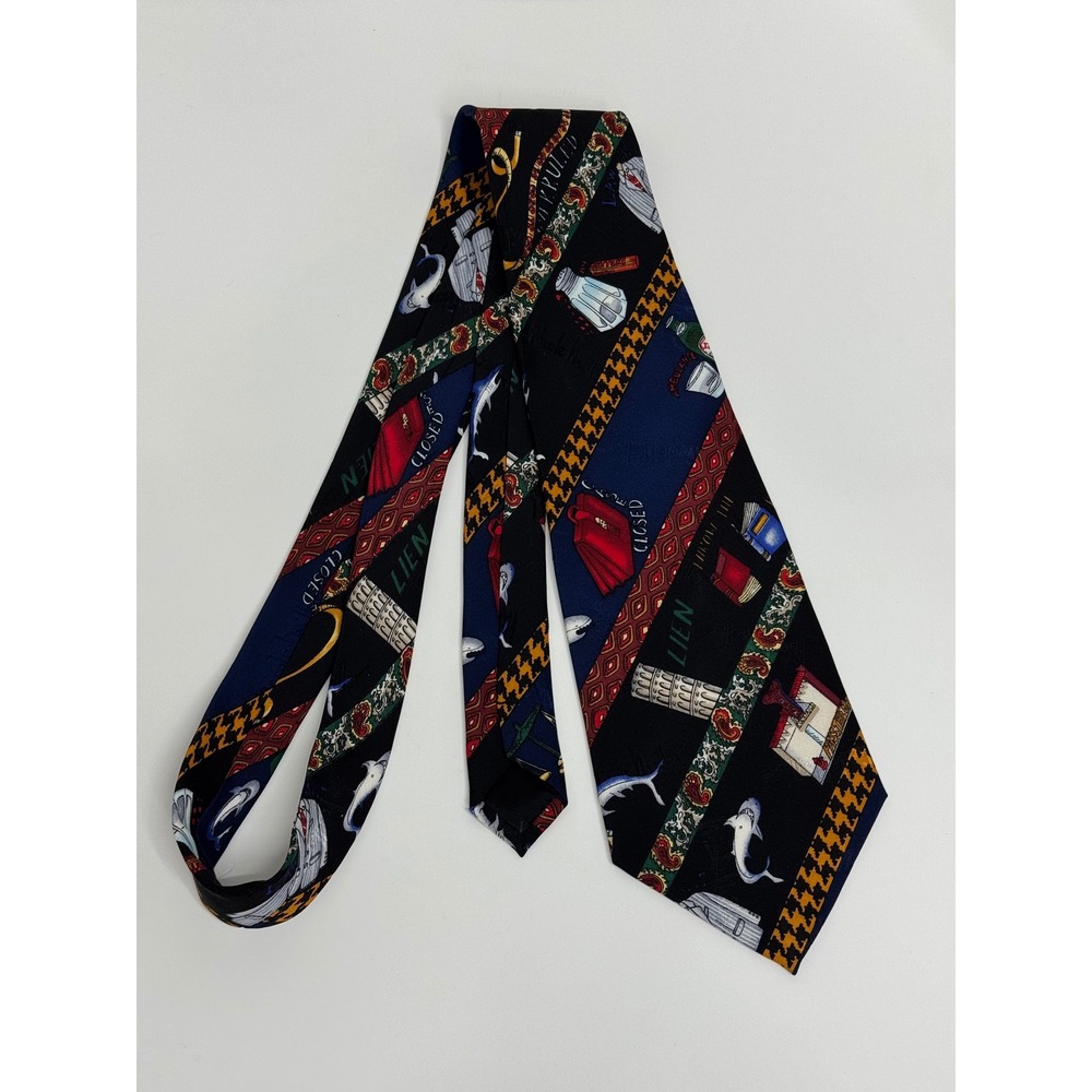 Nicole Miller 1994 Vintage Law Legal Theme Silk Necktie Navy Black Shark Gavel - Picture 6 of 7